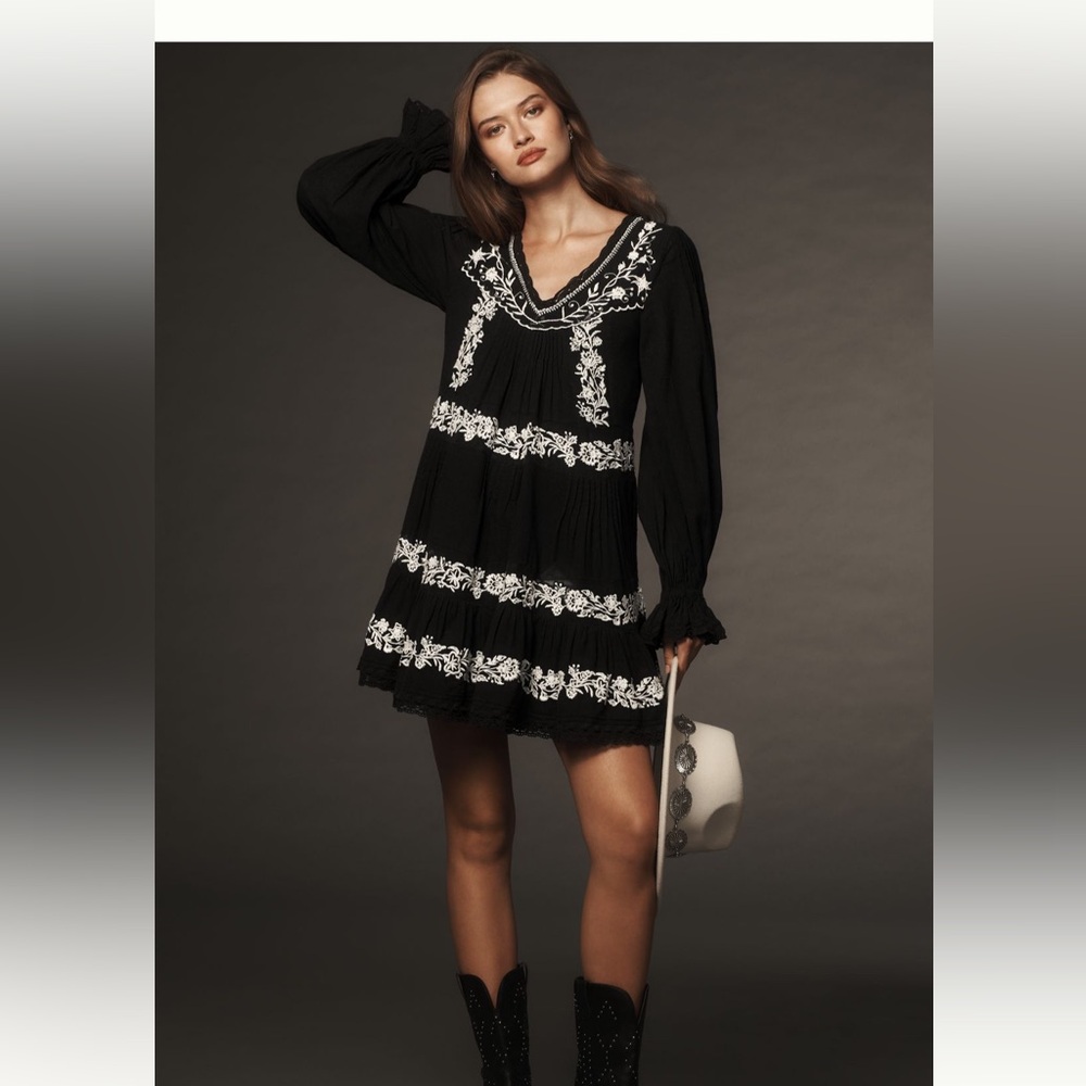 ANTHROPOLOGIE Black Dress Large Embroidered Pintuck Tiered Swing Mini NWOT